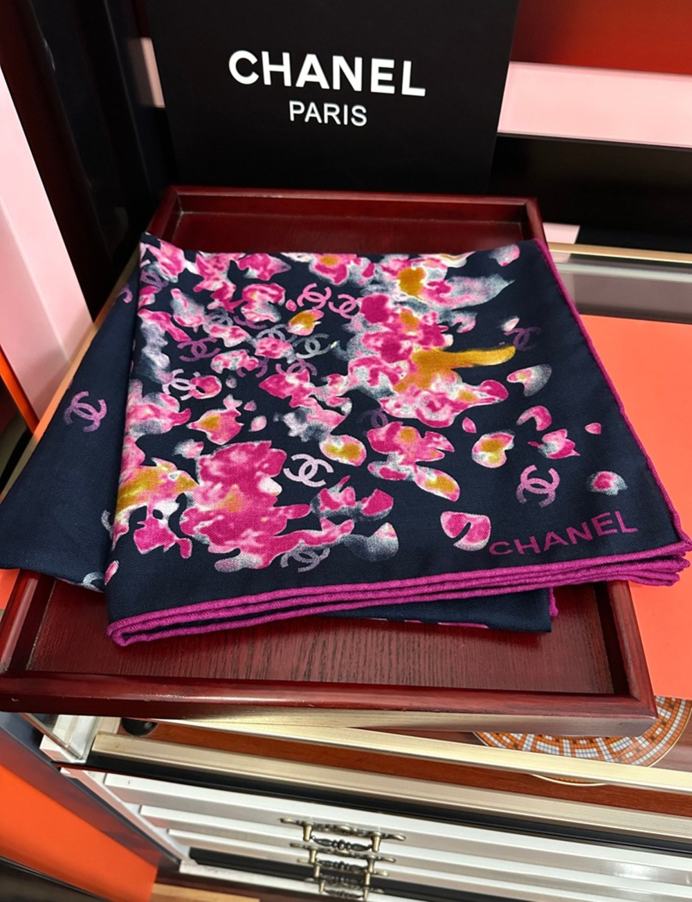 Chanel Watercolor Flower Print Large Square Scarf Navy Multi‑Color